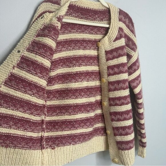 Hand Knit Wool Cream Burgundy Button Up Fair Isle Cardigan Sweater Size Large - Picture 4 of 6